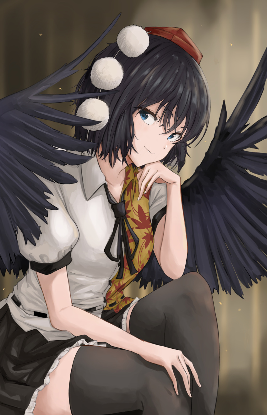 1girl alternate_eye_color belt bird_wings black_hair black_legwear black_neckwear black_skirt black_wings blue_eyes blurry blurry_background breasts collarbone commentary elbow_on_knee eyebrows_visible_through_hair feathered_wings fingernails hair_between_eyes hand_on_own_knee hat head_on_hand head_tilt highres knee_up koujouchou leaf_print looking_at_viewer maple_leaf_print neck_ribbon petticoat pom_pom_(clothes) puffy_short_sleeves puffy_sleeves red_headwear ribbon shameimaru_aya shirt short_hair short_sleeves sitting skirt small_breasts smile solo thigh-highs tokin_hat touhou two-tone_shirt untucked_shirt wings