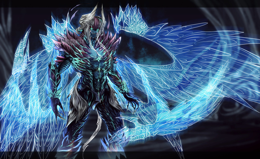 1boy artist_name blue_eyes claws commentary darklitria demon demon_wings devil_bringer devil_may_cry devil_may_cry_5 devil_trigger energy_wings english_commentary fangs fingernails glowing glowing_eyes glowing_wings head_wings highres horns long_fingernails male_focus multiple_wings nero_(devil_may_cry) signature silver_hair sin_devil_trigger solo white_hair wings