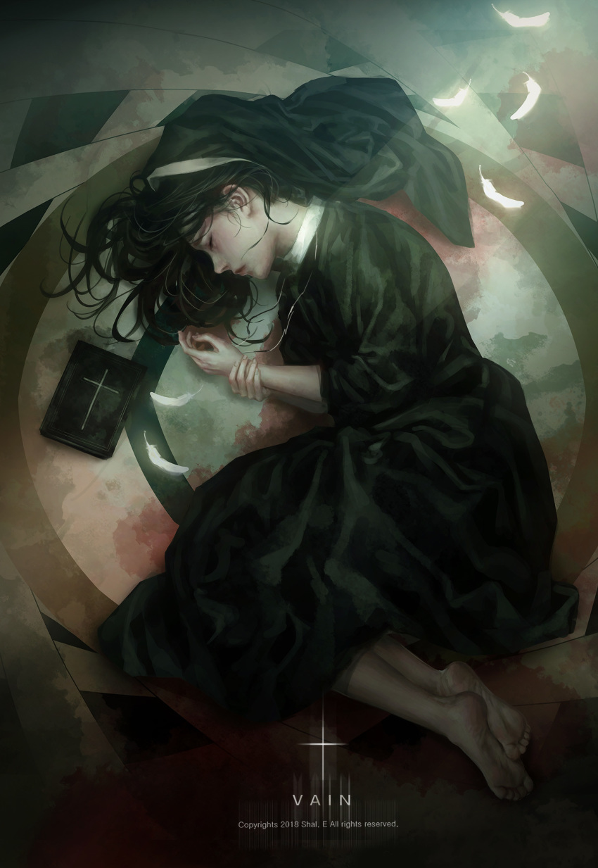 1girl artist_name bangs barefoot bible black_dress black_hair book closed_eyes commentary dress falling_feathers feathers from_above habit highres jewelry long_hair lying messy_hair necklace nun on_ground on_side original shal.e solo wrist_grab