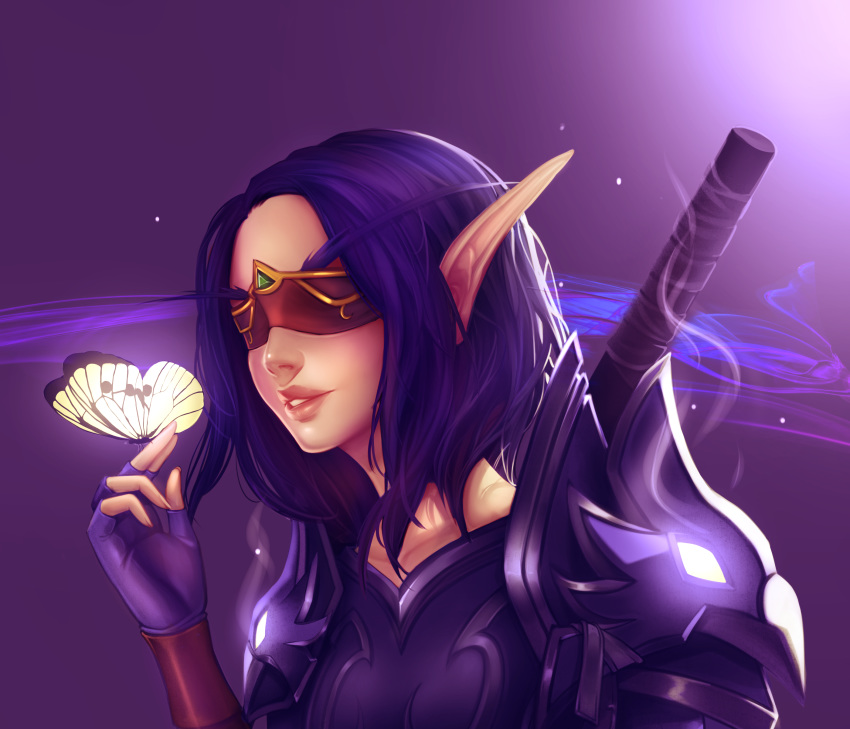 1girl absurdres armor bangs blindfold blood_elf breastplate bug butterfly butterfly_on_finger commentary commission elf face glowing glowing_eyes gradient gradient_background hand_up highres insect lips long_eyebrows parted_bangs parted_lips pointy_ears purple_background purple_hair red_blindfold shellvi shoulder_armor smile solo upper_body warcraft world_of_warcraft