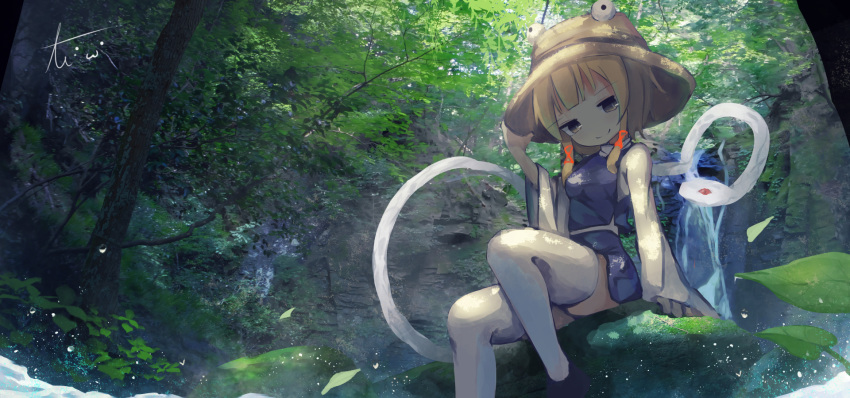 1girl blonde_hair dappled_sunlight fisheye forest from_below grey_eyes hand_on_headwear hat highres leaf looking_at_viewer moriya_suwako nature outdoors purple_vest river short_hair sidelocks signature sitting skirt sleeves_past_wrists smile snake solo sunlight thigh-highs ti_owo touhou tree vest water water_drop waterfall white_legwear