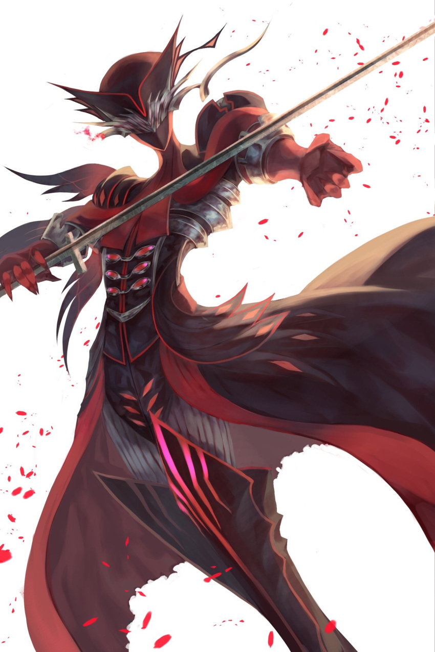 1boy antonio_salieri_(fate/grand_order) armor black_armor black_headwear boots covered_face fate/grand_order fate_(series) fighting_stance hat highres holding holding_sword holding_weapon horns looking_at_viewer makitoshi0316 male_focus mask petals red_armor red_footwear simple_background solo standing sword weapon white_background
