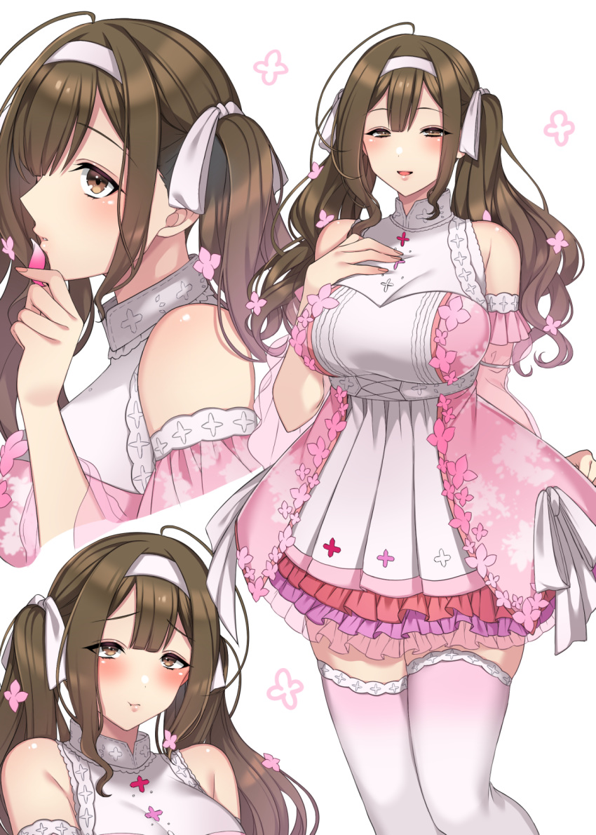 1girl :d antenna_hair bangs blush breasts brown_eyes brown_hair cherry_blossoms dress eryu_kamemura floral_print frills hair_ribbon hairband halter_dress hand_on_own_chest highres idolmaster idolmaster_shiny_colors kuwayama_chiyuki large_breasts lolita_fashion looking_at_viewer multiple_views nail_polish open_mouth over-kneehighs petals ribbon simple_background skindentation sleeveless smile thigh-highs twintails upper_body white_background white_legwear white_ribbon zettai_ryouiki