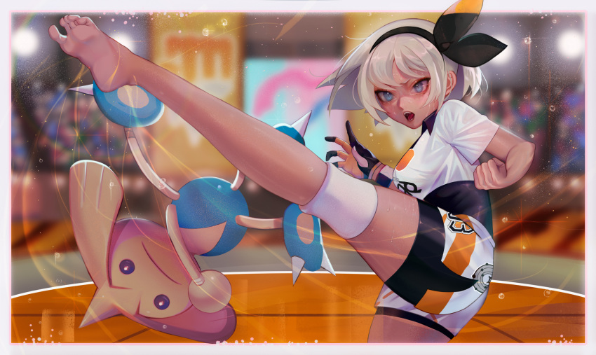 1girl bangs barefoot black_bodysuit black_hairband bodysuit bodysuit_under_clothes breasts clenched_hand collared_shirt commentary dynamax_band gen_2_pokemon gloves grey_hair gym_leader hairband high_kick highres hitmontop kicking knee_pads pokemon pokemon_(creature) pokemon_(game) pokemon_swsh print_shirt print_shorts saitou_(pokemon) shirt short_hair short_sleeves shorts single_glove soles stadium toes ziiiing
