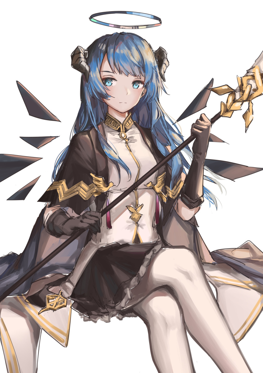 1girl absurdres arknights bangs black_gloves blue_eyes blue_hair c_(2330509) gloves halo highres holding holding_staff horns long_hair looking_to_the_side mostima_(arknights) sitting solo staff wings