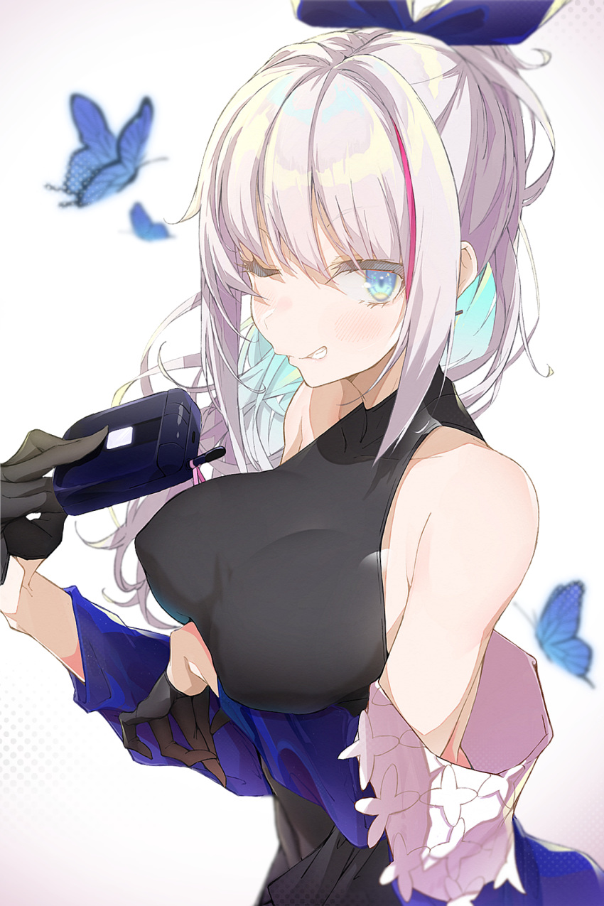 1girl alternate_costume bangs black_dress black_gloves blue_butterfly blue_eyes breast_hold breasts bug butterfly cellphone dress e_sky_rugo flip_phone girls_frontline gloves grey_hair half_gloves highres holding holding_phone insect large_breasts long_hair looking_at_viewer mdr_(girls_frontline) multicolored_hair one_eye_closed phone pink_hair ponytail sidelocks smile solo streaked_hair
