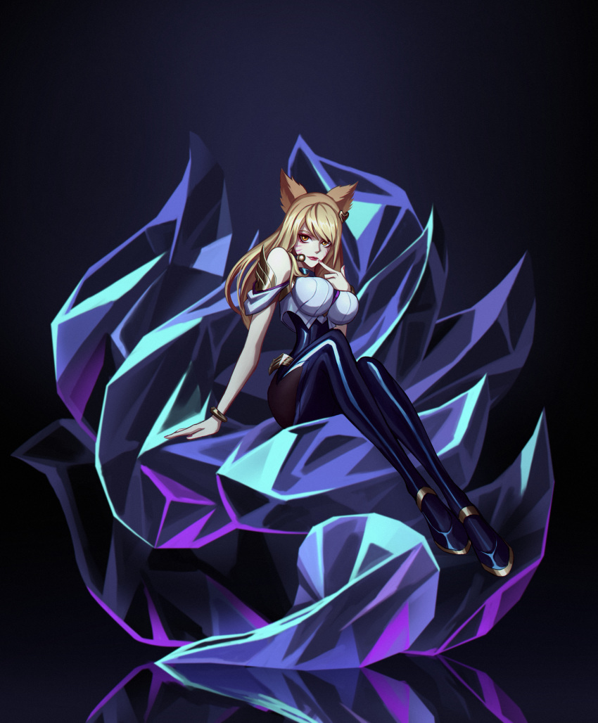 1girl 3ok absurdres ahri animal_ears bangs blonde_hair breasts crystal_tail finger_to_mouth fox_ears fox_girl fox_tail highres huge_filesize k/da_(league_of_legends) k/da_ahri large_breasts league_of_legends looking_to_the_side multiple_tails red_lips sitting tail yellow_eyes