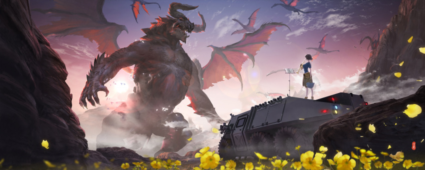 1girl blue_sky breasts brown_pants cliff clouds cloudy_sky commentary dragon dragon_wings fantasy field flower flower_field flying from_behind ground_vehicle hair_bun highres holding holding_instrument instrument large_breasts mad_jojo military military_vehicle motor_vehicle mountain original outdoors pants petals red_sky rock scales scenery short_hair sky standing sunrise sunset tail tank trumpet wings yellow_flower