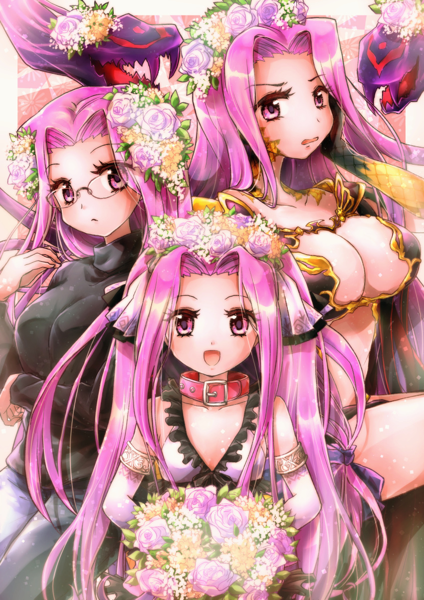 asaesaya black_sleeves breasts bustier claws denim elbow_gloves fate/grand_order fate/hollow_ataraxia fate/stay_night fate_(series) flower_wreath glasses gloves gorgon gorgon_(fate) head_wreath highres huge_breasts jeans long_hair long_sleeves medusa_(lancer)_(fate) monster_girl pants purple_hair rider scales snake snake_hair sweater very_long_hair younger