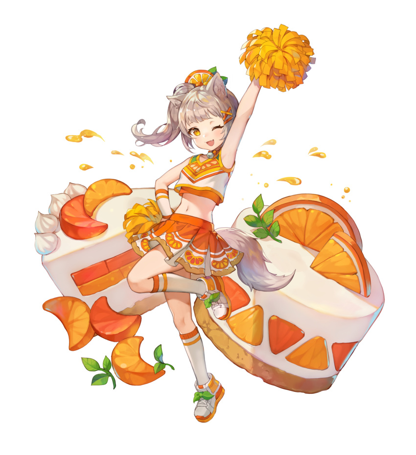 1girl ;d animal_ears arm_up arm_warmers armpits bare_shoulders bell breasts cake cheerleader crop_top crop_top_overhang fang food fruit full_body grey_hair hair_ornament hand_on_hip highres holding holding_pom_poms jingle_bell king's_raid kneehighs leg_up long_hair looking_at_viewer midriff miniskirt navel official_art one_eye_closed open_mouth orange orange_skirt orange_slice pleated_skirt pom_poms requina shirt shoes side_ponytail skirt sleeveless sleeveless_shirt small_breasts smile solo tail transparent_background undershirt white_footwear white_legwear white_shirt yellow_eyes