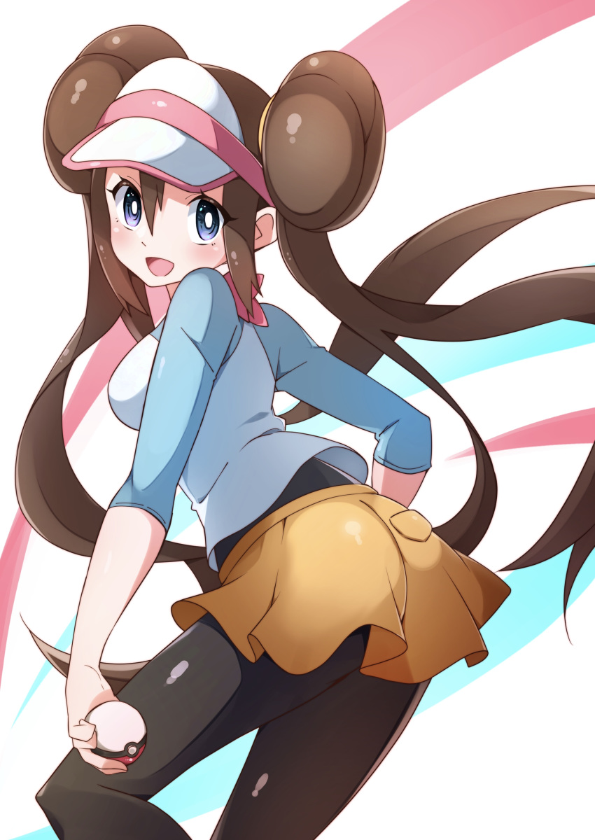 1girl absurdres black_legwear blush bow breasts brown_hair commentary_request double_bun highres holding holding_poke_ball legwear_under_shorts long_hair looking_at_viewer looking_back mei_(pokemon) miyama-san open_mouth pantyhose pink_bow poke_ball poke_ball_(basic) pokemon pokemon_(game) pokemon_bw2 raglan_sleeves shirt short_shorts shorts smile solo twintails very_long_hair visor_cap yellow_shorts