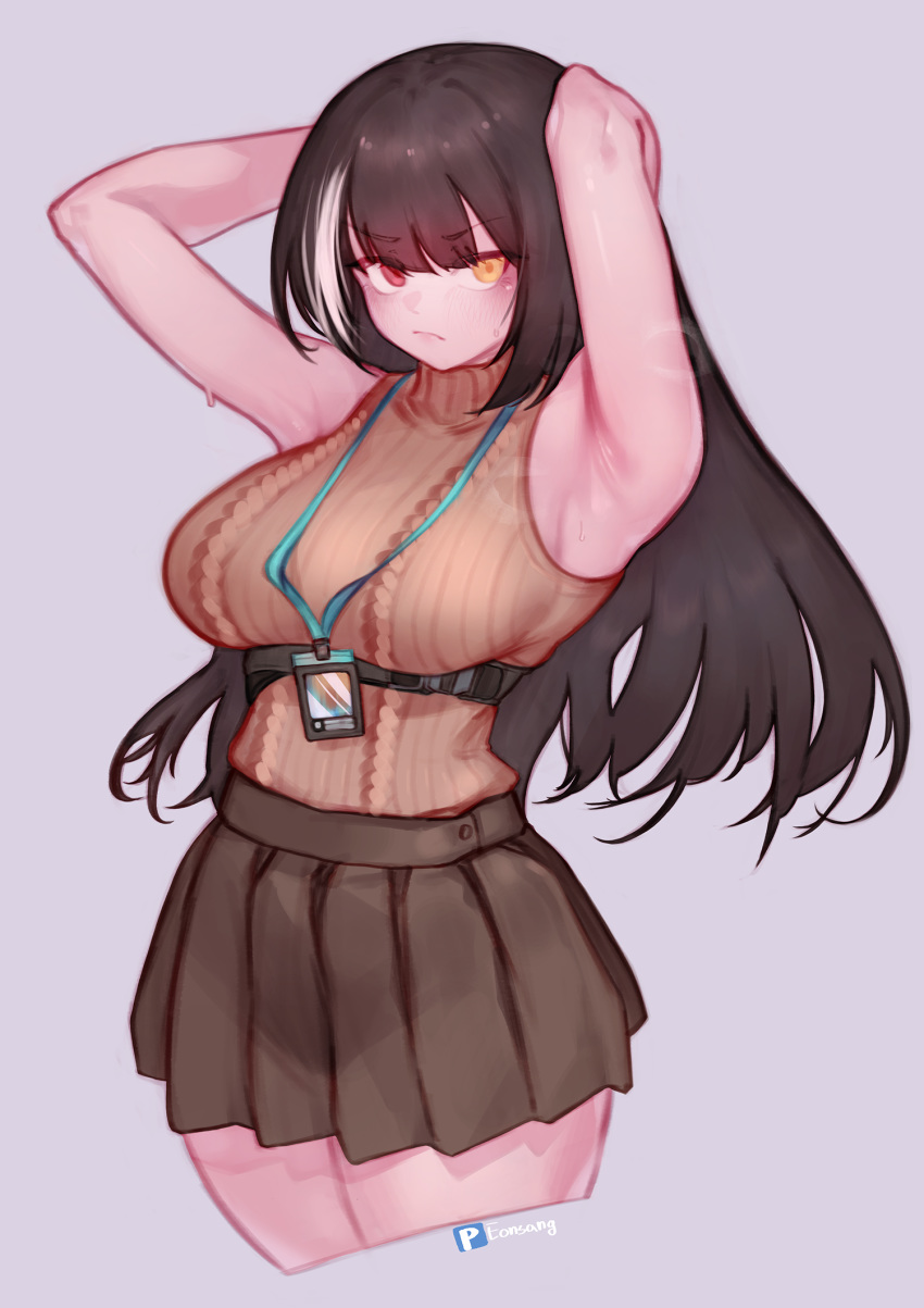 1girl armpits arms_behind_head bangs black_hair breasts closed_mouth cropped_legs eonsang eyebrows_visible_through_hair girls_frontline heterochromia highres id_card large_breasts long_hair mod3_(girls_frontline) multicolored_hair pleated_skirt red_eyes ro635_(girls_frontline) simple_background skirt sleeveless_sweater solo streaked_hair sweater turtleneck turtleneck_sweater white_hair yellow_eyes
