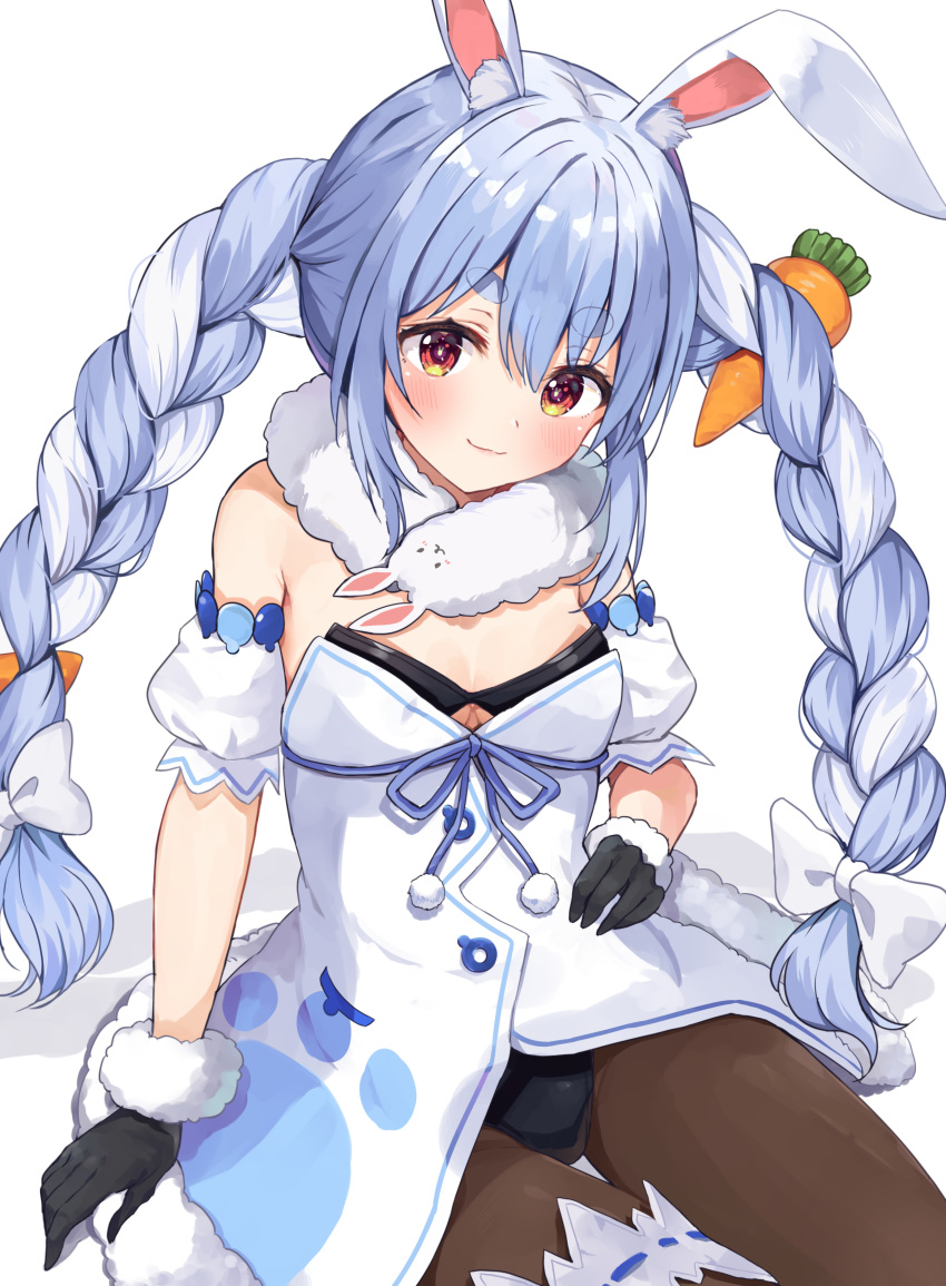 1girl absurdres animal_ear_fluff animal_ears bangs bare_shoulders black_gloves black_leotard blue_hair bow braid brown_legwear carrot_hair_ornament closed_mouth commentary_request detached_sleeves don-chan_(hololive) dress eyebrows_visible_through_hair food_themed_hair_ornament fur-trimmed_dress fur-trimmed_gloves fur_trim gloves hair_between_eyes hair_bow hair_ornament hand_on_hip highres hololive leotard looking_at_viewer multicolored_hair pantyhose puffy_short_sleeves puffy_sleeves rabbit_ears racchi. short_eyebrows short_sleeves sidelocks sitting smile strapless strapless_dress strapless_leotard thick_eyebrows twin_braids twintails two-tone_hair usada_pekora virtual_youtuber white_background white_bow white_dress white_hair white_sleeves