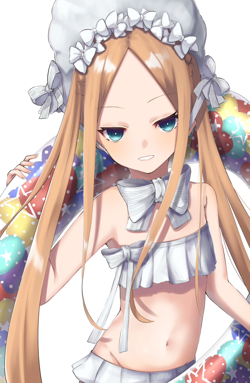 1girl abigail_williams_(fate/grand_order) abigail_williams_(swimsuit_foreigner)_(fate) absurdres bangs bao_(s_888) bare_shoulders bikini blonde_hair blue_eyes blush bonnet bow breasts fate/grand_order fate_(series) forehead hair_bow highres innertube long_hair looking_at_viewer miniskirt navel parted_bangs sidelocks simple_background skirt small_breasts smile swimsuit twintails very_long_hair white_background white_bikini white_bow white_headwear