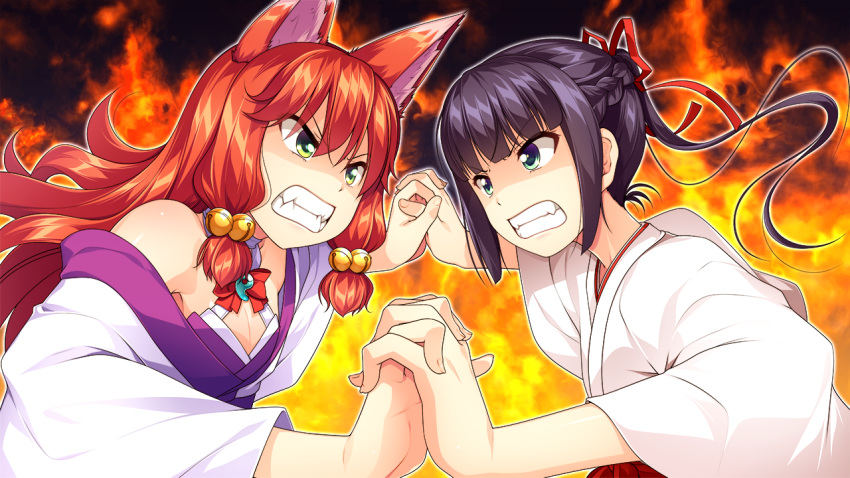 2boys angry animal_ears aogiri_penta bangs bell black_hair blunt_bangs bow braid choker clenched_teeth endou_mishiro fangs fiery_background fighting fire fox_ears game_cg green_eyes hair_bell hair_bow hair_ornament hair_ribbon hakama interlocked_fingers japanese_clothes jingle_bell josou_jinja kimono long_hair magatama multiple_boys otoko_no_ko ponytail red_bow red_ribbon redhead ribbon sidelocks tagme teeth v-shaped_eyebrows white_kimono yui_(josou_jinja)