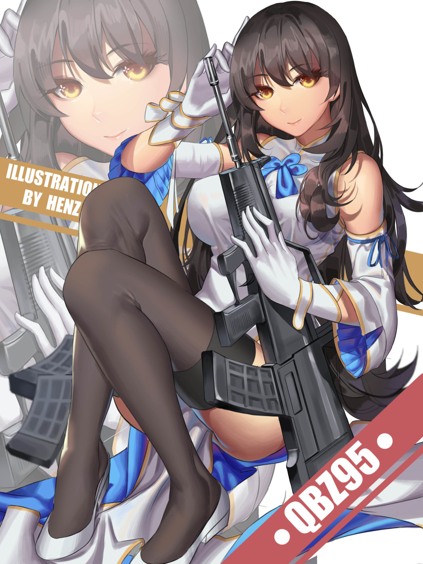 1girl absurdres artist_name assault_rifle black_hair black_legwear bow bowtie bracer breasts brown_eyes bullpup character_name dress english_text eyebrows_visible_through_hair girls_frontline gloves gun hand_in_hair henz highres holding holding_weapon large_breasts long_hair looking_at_viewer qbz-95 qbz-95_(girls_frontline) rifle shoes sitting smile solo thigh-highs weapon white_background white_dress white_footwear white_gloves