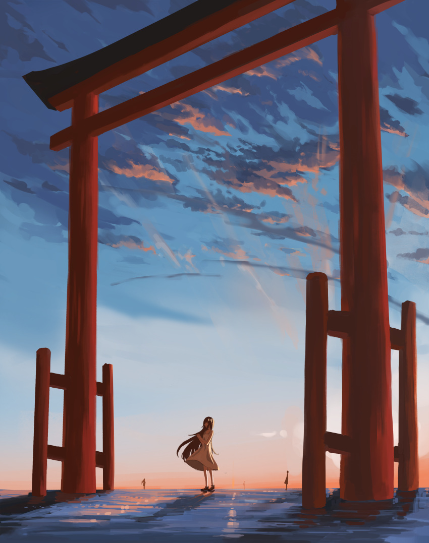 1other 3girls absurdres bare_shoulders black_eyes brown_hair clouds cloudy_sky dress hands_together highres long_hair multiple_girls original outdoors pal_lett scenery shadow silhouette sky solo_focus standing torii water white_dress