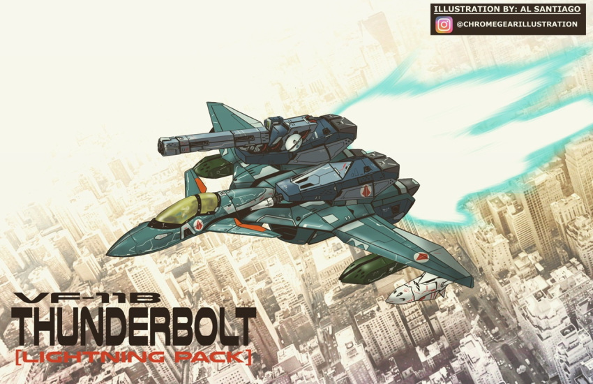 aircraft airplane artist_name character_name chrome_gear city commentary english_commentary english_text fighter_jet flying instagram_logo jet macross macross_plus mecha military military_vehicle no_humans photo_background variable_fighter vf-11 watermark