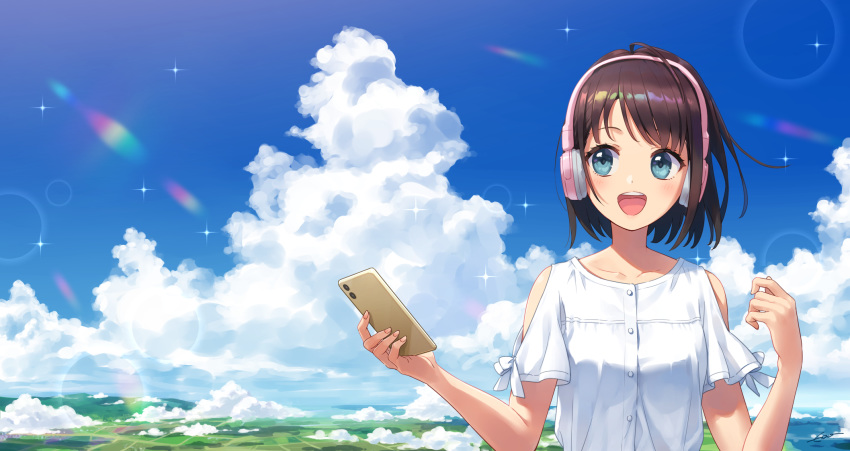 1girl :d bare_shoulders black_hair blue_eyes blue_sky blush cellphone clouds collarbone commentary_request copyright_request cumulonimbus_cloud day fingernails headphones highres holding holding_phone horizon len looking_at_phone looking_away looking_to_the_side open_mouth outdoors phone round_teeth shirt short_hair short_sleeves shoulder_cutout sky smartphone smile solo sparkle teeth upper_body upper_teeth wedo white_shirt