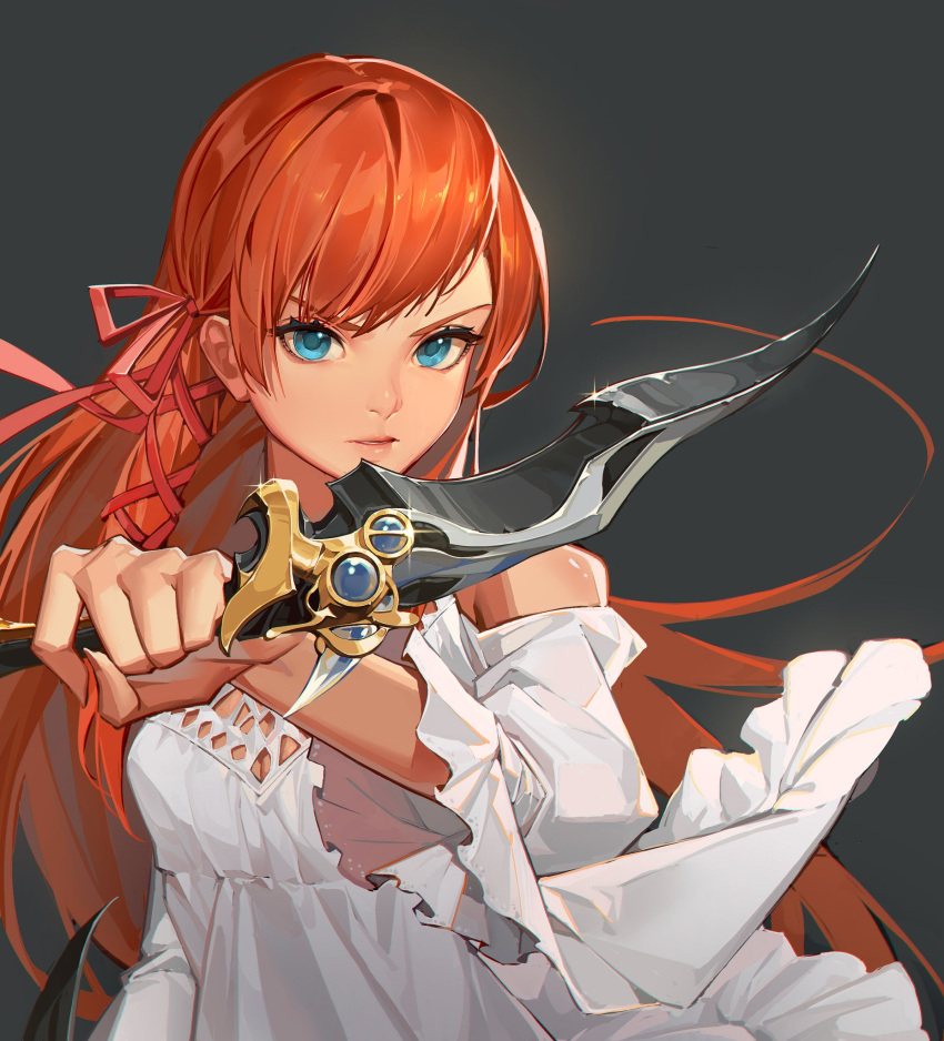1girl bare_shoulders blue_eyes breasts crow0cc dagger final_fantasy final_fantasy_xiv grey_background highres holding holding_dagger holding_weapon long_hair looking_at_viewer medium_breasts orange_hair ryne simple_background solo upper_body weapon