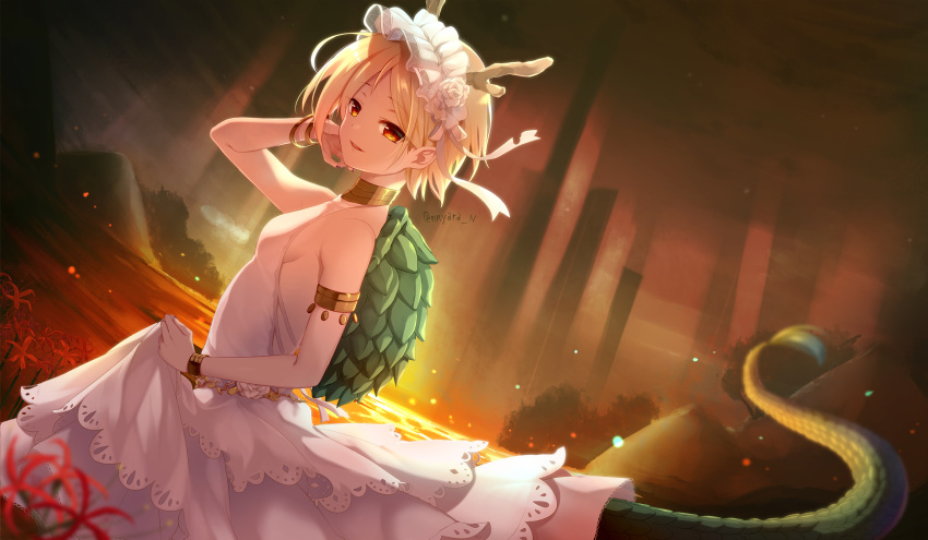 1girl alternate_costume armlet backless_dress backless_outfit bangs blonde_hair bonnet bracelet breasts commentary_request dragon_horns dragon_tail dress field flower flower_field from_side halterneck highres horns jewelry kicchou_yachie looking_at_viewer nnyara open_mouth parted_bangs short_hair sideboob sleeveless sleeveless_dress small_breasts smile solo spider_lily standing tail touhou twitter_username wedding_dress white_dress yellow_eyes