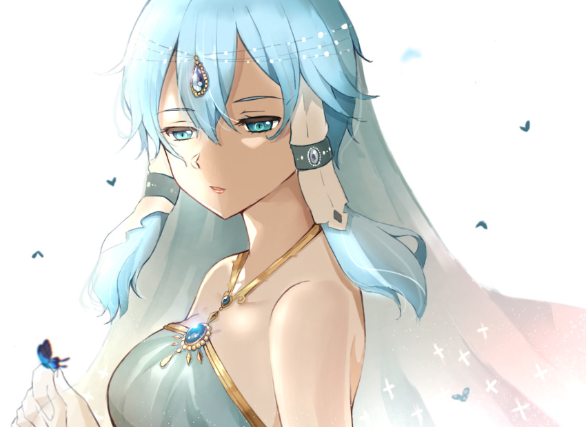 1girl bangs blue_eyes blue_hair breasts butterfly_on_hand circlet collarbone eyebrows_visible_through_hair from_side hair_between_eyes hair_tubes half-closed_eyes highres medium_breasts open_mouth shiny shiny_hair short_hair_with_long_locks shugaa_(pixiv37615254) sidelocks simple_background sinon_(solus) solo sword_art_online upper_body white_background