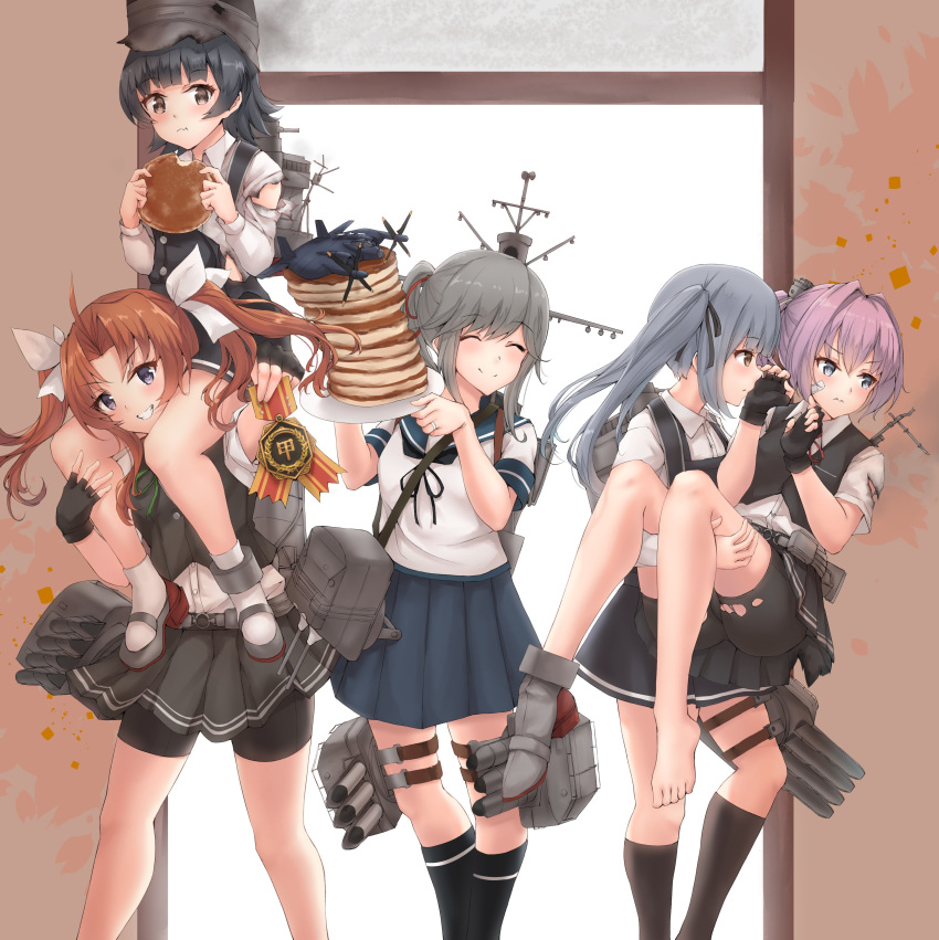 5girls absurdres aircraft airplane arare_(kantai_collection) bike_shorts black_dress black_gloves black_hair black_legwear black_ribbon black_shorts black_skirt black_vest blue_eyes blue_sailor_collar blue_skirt blush brown_eyes brown_hair buttons collared_shirt dress eating eyebrows_visible_through_hair fingerless_gloves food gloves green_ribbon grey_hair grin hair_between_eyes hair_ribbon highres holding holding_food jewelry k_jie kagerou_(kantai_collection) kantai_collection kasumi_(kantai_collection) kneehighs long_hair long_sleeves machinery multiple_girls pancake pinafore_dress pink_hair pleated_skirt ponytail red_ribbon remodel_(kantai_collection) ribbon rigging ring sailor_collar school_uniform serafuku shiranui_(kantai_collection) shirt short_hair short_sleeves shorts shorts_under_skirt side_ponytail skirt smile smokestack thigh-highs toes torn_clothes torn_shirt turret twintails usugumo_(kantai_collection) vest violet_eyes visor_cap wedding_band white_ribbon white_shirt xf5u