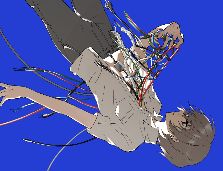 1boy android blue_background brown_eyes brown_hair cable extraspiky eyebrows_visible_through_hair falling highres male_focus mechanical_parts original parted_lips shirtless simple_background solo wire