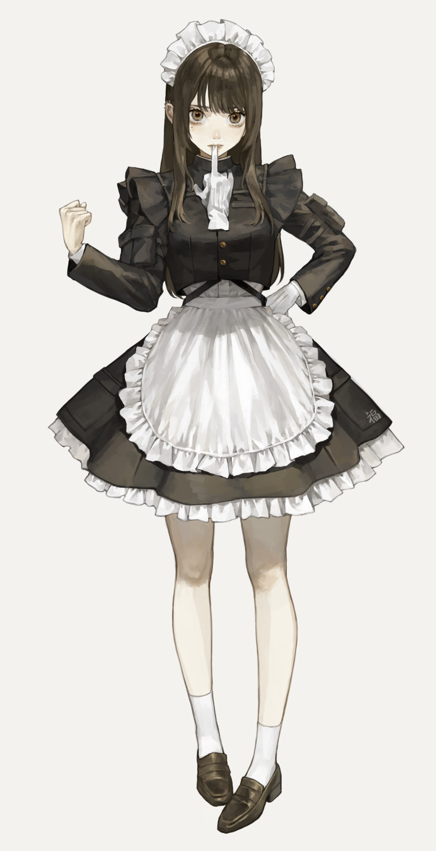 1girl absurdres angry apron bangs black_dress boots brown_eyes clenched_hand dress ear_piercing frills full_body gloves gloves_removed grey_background hand_on_hip highres long_sleeves maid maid_apron maid_dress maid_headdress middle_finger mole mole_under_eye original piercing puffy_sleeves sakauchi_waka signature simple_background socks solo standing straight_hair white_gloves white_legwear