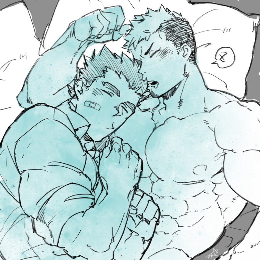 2boys abs bara blue_theme blush chest commentary_request couple cuddling facial_hair goatee highres male_focus manly master_3_(tokyo_houkago_summoners) multiple_boys muscle nipples pectorals saliva shirtless short_hair sketch sleeping sleeping_on_person taurus_mask tokyo_houkago_summoners torawar upper_body yaoi