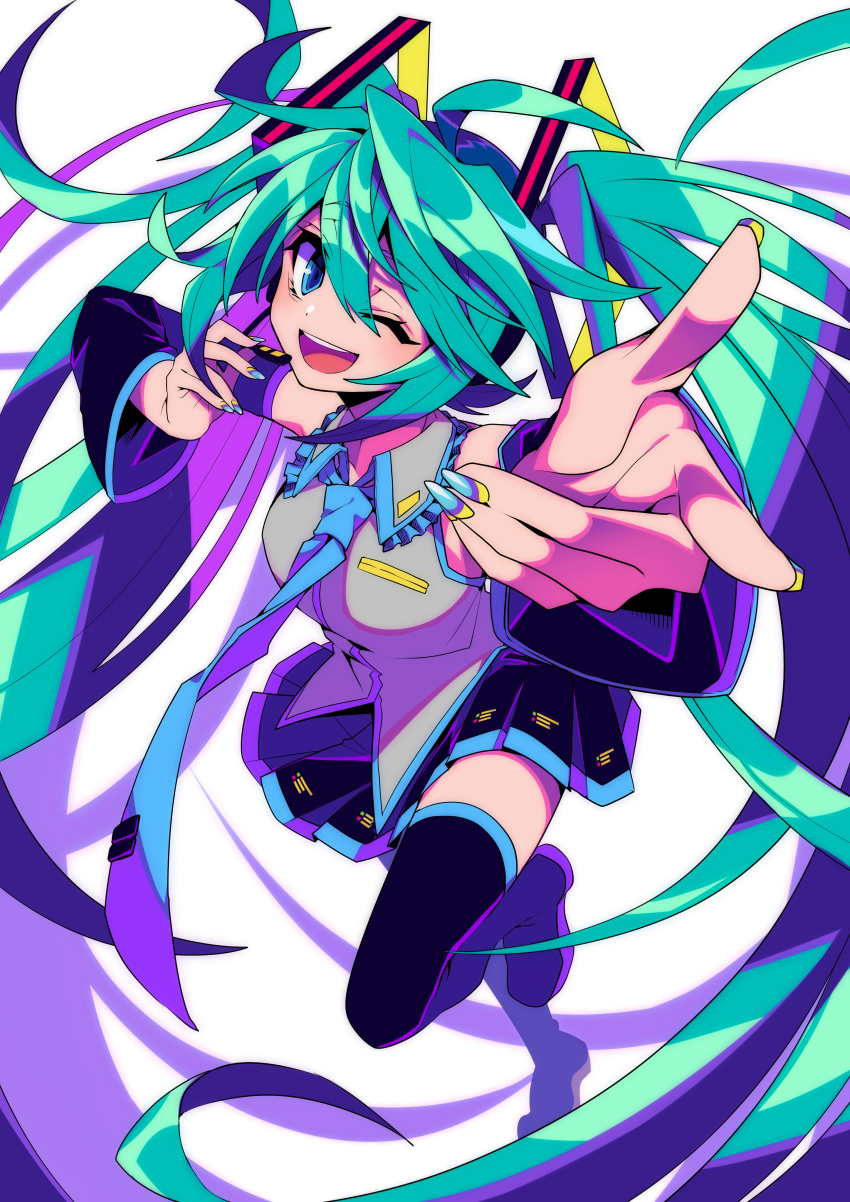 1girl absurdres aqua_hair black_skirt blue_eyes blue_nails blue_neckwear detached_sleeves floating_hair hatsune_miku headset highres kuroshirase leg_up looking_up necktie one_eye_closed pointing skirt solo twintails vocaloid