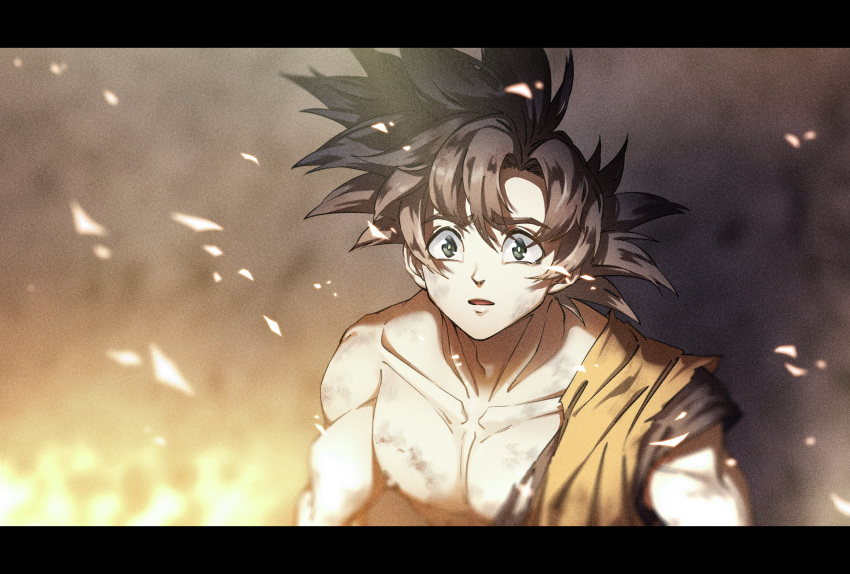 1boy :o absurdres black_hair collarbone dragon_ball dragon_ball_super highres letterboxed looking_at_viewer male_focus open_mouth sapphisces_t solo son_gokuu spiky_hair spoilers surprised torn_clothes upper_body