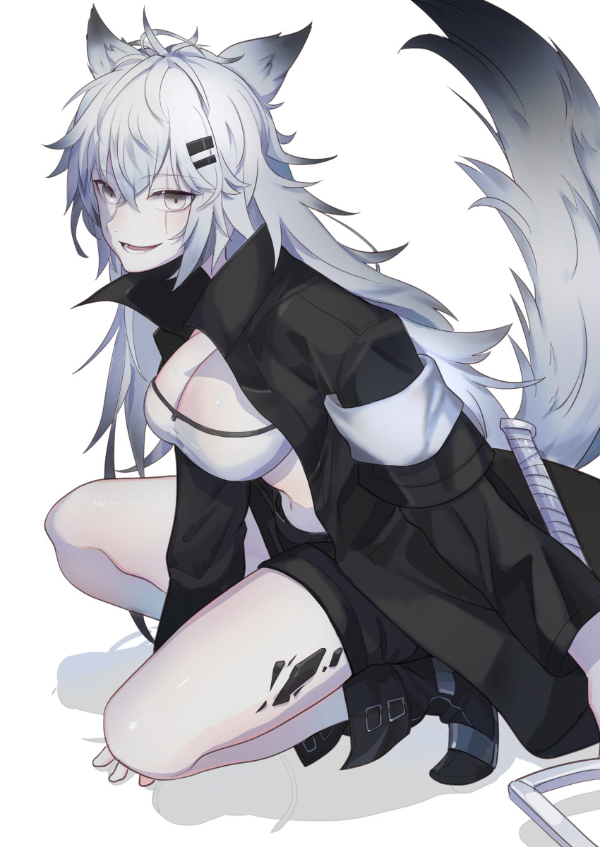 1girl :d absurdres animal_ears arknights armband bandeau bangs black_footwear black_jacket black_shorts boots breasts chinese_commentary commentary_request eyebrows_visible_through_hair grey_eyes hair_between_eyes hair_ornament hairclip haowei_wu highres jacket lappland_(arknights) large_breasts long_hair long_sleeves looking_at_viewer midriff navel open_clothes open_jacket open_mouth oripathy_lesion_(arknights) scar scar_across_eye short_shorts shorts silver_hair simple_background smile solo squatting strapless tail thighs tubetop white_background wide_sleeves wolf_ears wolf_tail