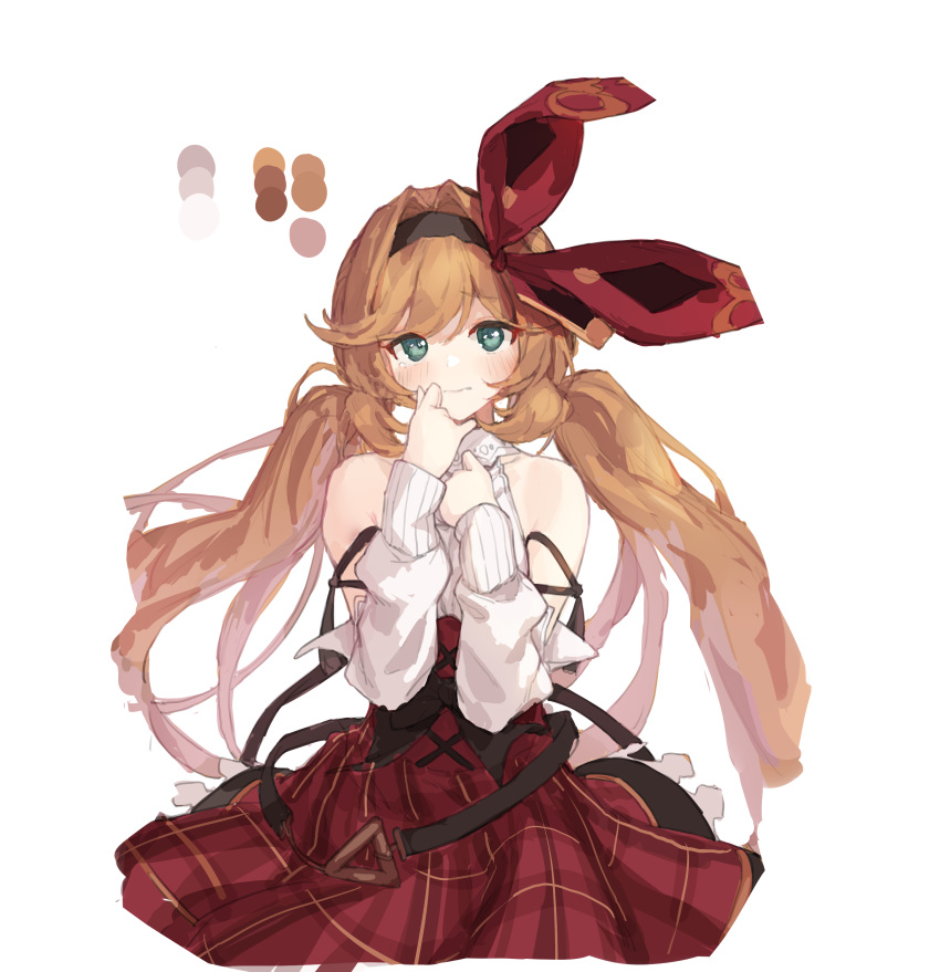 1girl absurdres bangs bare_shoulders blush brown_hair clarisse_(granblue_fantasy) closed_mouth color_guide detached_sleeves granblue_fantasy green_eyes hair_between_eyes hands_up high-waist_skirt highres light_frown long_hair long_sleeves looking_at_viewer low_twintails plaid plaid_skirt red_ribbon red_skirt ribbon skirt solo swept_bangs tai_(e3d1p) twintails very_long_hair
