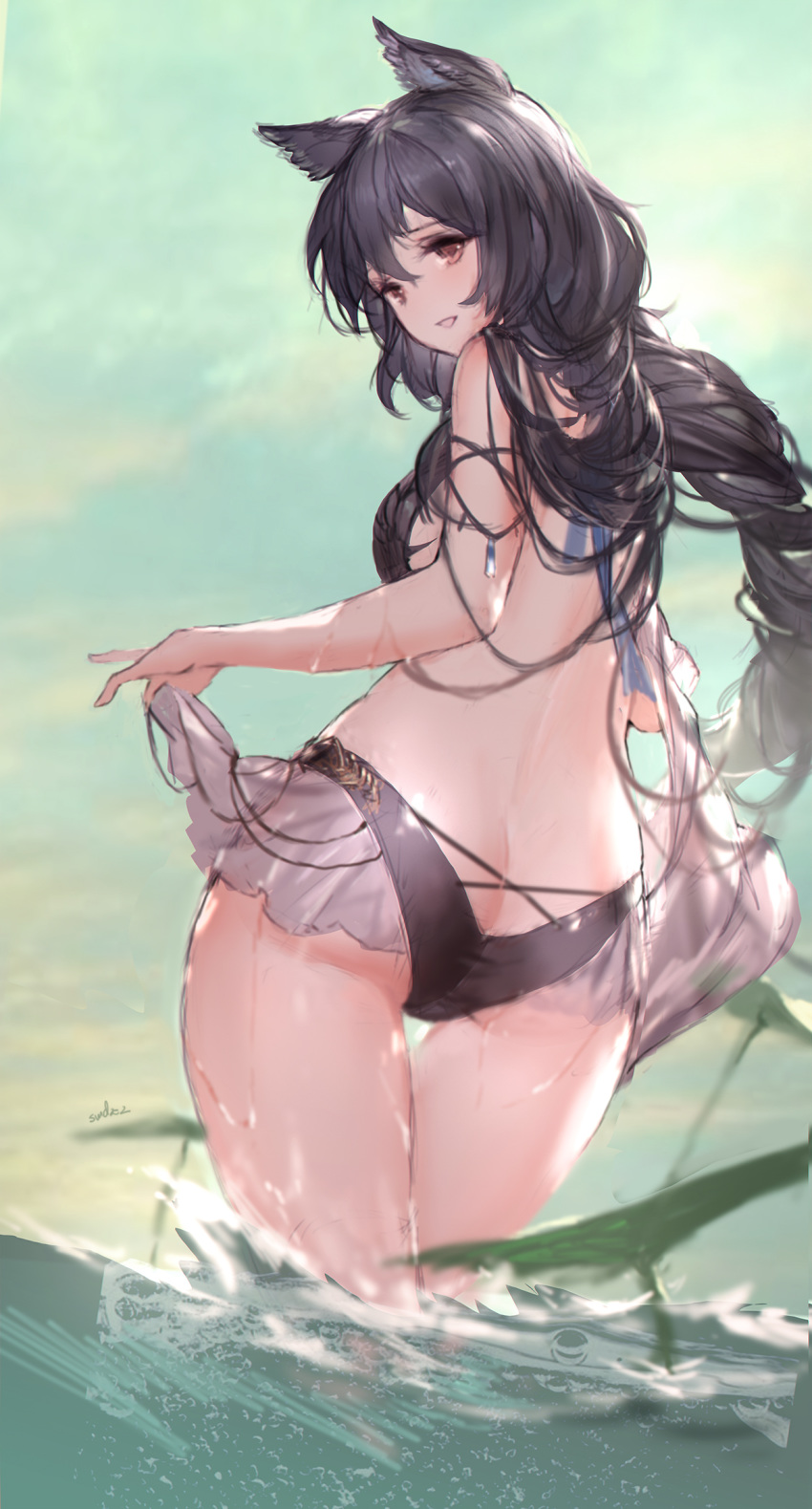 1girl animal_ears ass bangs bare_back bikini black_hair braid braided_ponytail erune from_behind granblue_fantasy highres long_hair looking_at_viewer nier_(granblue_fantasy) open_mouth solo swd3e2 swimsuit water