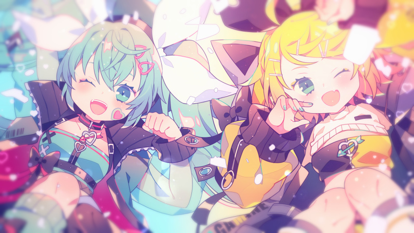 2girls ;d aqua_eyes aqua_hair black_bow blonde_hair blue_nails blurry bow choker clenched_hand commentary_request crop_top fang hair_bow hair_ornament hairclip hatsune_miku heart heart_hair_ornament highres jacket jewelry kagamine_rin kneehighs long_hair long_sleeves looking_at_viewer multiple_girls nail_art one_eye_closed open_clothes open_jacket open_mouth pendant see-through_sleeves short_hair sitting skin_fang smile twintails vocaloid white_bow yumenouchi_chiharu