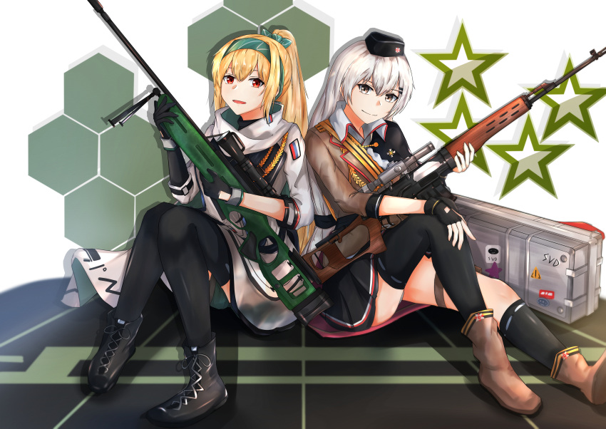 2girls absurdres assault_rifle black_footwear black_gloves black_headwear black_legwear black_skirt blonde_hair boots brown_footwear brown_jacket character_name dragunov_svd eyebrows_visible_through_hair fingerless_gloves girls_frontline gloves green_ribbon grey_eyes grey_hair gun hair_ribbon hairband hand_on_weapon hat highres holding holding_weapon huge_filesize jacket long_hair looking_at_viewer military military_hat military_uniform multiple_girls muteppona_hito open_mouth red_eyes ribbon rifle russian_flag shirt silver_hair simple_background sitting sitting_on_floor skirt smile sniper_rifle sv-98 sv-98_(girls_frontline) svd_(girls_frontline) tape thigh-highs uniform weapon weapon_case white_jacket white_shirt