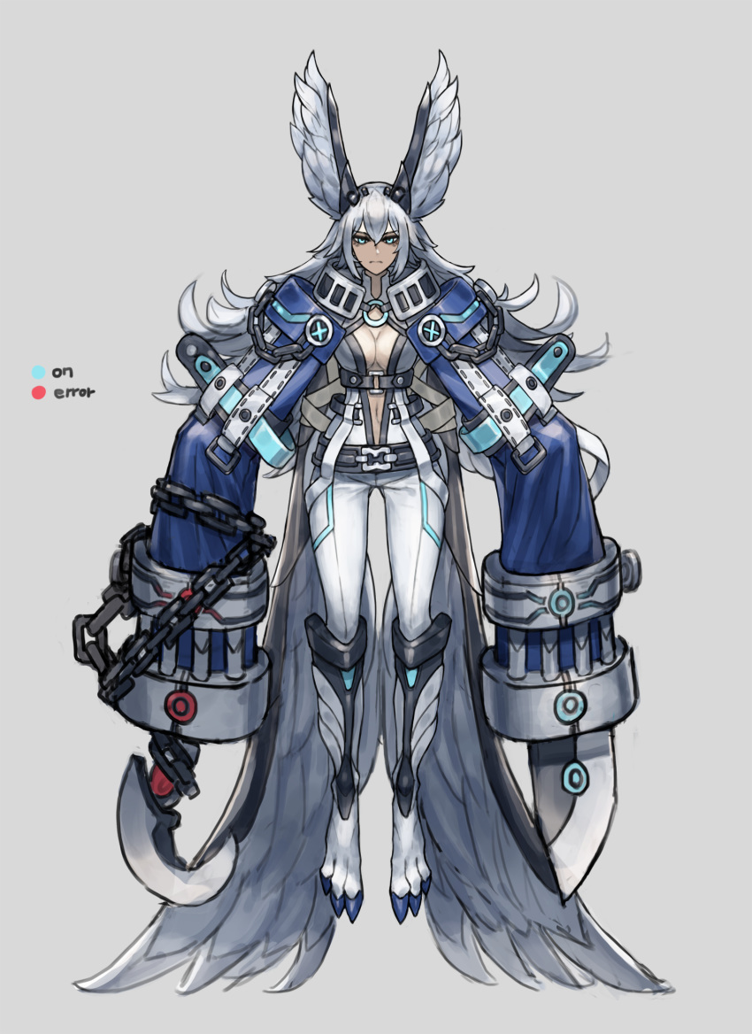 1girl belt blade blue_eyes breasts chain closed_mouth facial_mark feathered_wings floating_hair grey_background grey_hair head_wings highres kahill long_hair long_sleeves navel o-ring original simple_background sleeves_past_fingers sleeves_past_wrists weapon wings