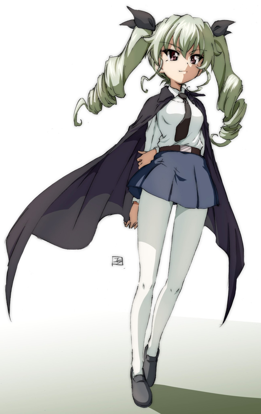 1girl anchovy_(girls_und_panzer) anzio_school_uniform arm_behind_back arm_grab artist_name bangs belt black_belt black_cape black_footwear black_neckwear black_ribbon black_skirt cape closed_mouth commentary dress_shirt drill_hair eyebrows_visible_through_hair full_body girls_und_panzer gradient gradient_background green_hair grey_background hair_ribbon highres holding loafers long_hair long_sleeves looking_to_the_side miniskirt necktie pantyhose pleated_skirt red_eyes ribbon riding_crop robinsonk9999 school_uniform shadow shirt shoes signature sketch skirt smile solo standing twin_drills twintails white_background white_legwear white_shirt wing_collar