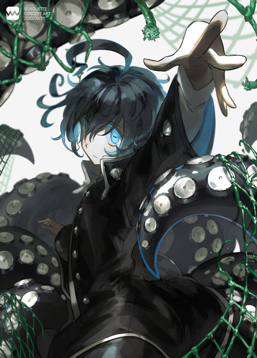 1boy ahoge arm_up black_hair blue_eyes closed_mouth extraspiky eyebrows_visible_through_hair eyes_visible_through_hair fishing_net glowing glowing_eyes hair_between_eyes highres horizontal_pupils male_focus monster_boy octopus_boy original solo tentacles white_background