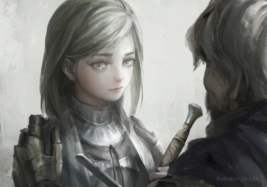 1boy 1girl artist_name bangs beard blonde_hair breastplate brown_eyes child commentary dark_souls_iii expressionless facial_hair from_behind gauntlets grey_hair holding holding_sword holding_weapon holy_knight_hodrick jlien- long_hair looking_at_another parted_bangs sirris_of_the_sunless_realms solo_focus souls_(from_software) sword upper_body weapon