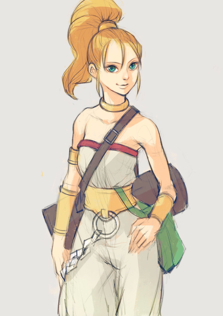 1girl bare_shoulders blonde_hair breasts choker chrono_trigger closed_mouth green_eyes highres long_hair looking_at_viewer marle_(chrono_trigger) ponytail simple_background smile solo