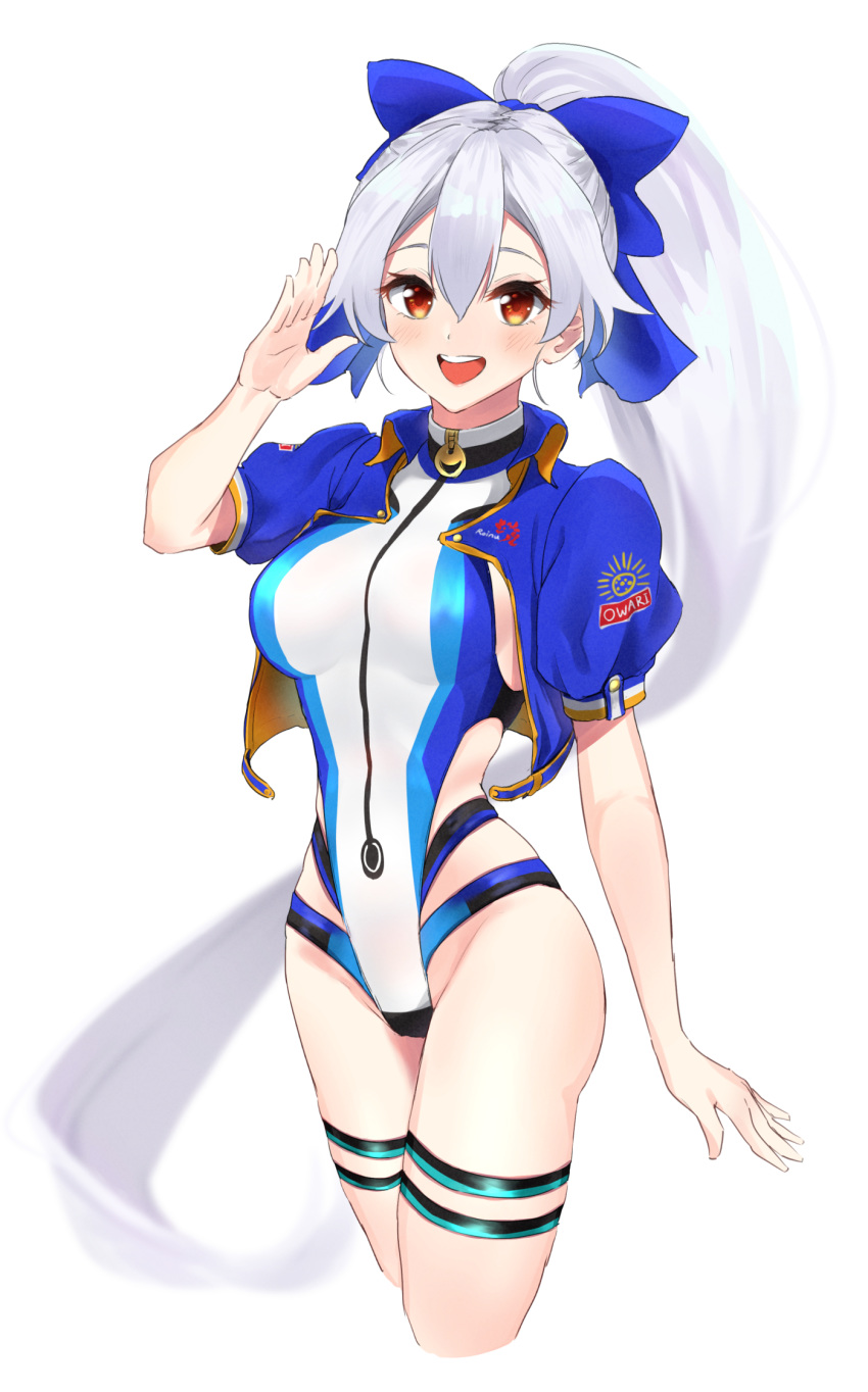 1girl artist_request bangs blue_bow blue_jacket blue_swimsuit blush bow breasts fate/grand_order fate_(series) hair_between_eyes hair_bow highleg highleg_swimsuit highres jacket large_breasts long_hair looking_at_viewer one-piece_swimsuit open_mouth ponytail red_eyes short_sleeves silver_hair smile swimsuit thigh_strap thighs tomoe_gozen_(fate/grand_order) tomoe_gozen_(swimsuit_saber)_(fate) two-tone_swimsuit white_background white_swimsuit