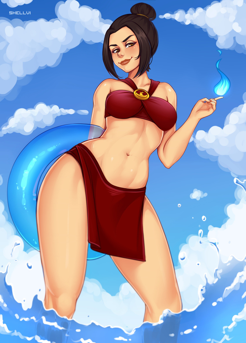 1girl absurdres arm_behind_back artist_name avatar:_the_last_airbender avatar_(series) azula bare_shoulders bikini black_hair blue_sky blush breasts brown_eyes clouds collarbone commentary contrapposto day feet_out_of_frame fire from_below hair_bun halterneck highres innertube lipstick looking_at_viewer makeup midriff navel red_bikini red_lips red_lipstick sarong shellvi sky solo splashing standing stomach swimsuit thighs wading