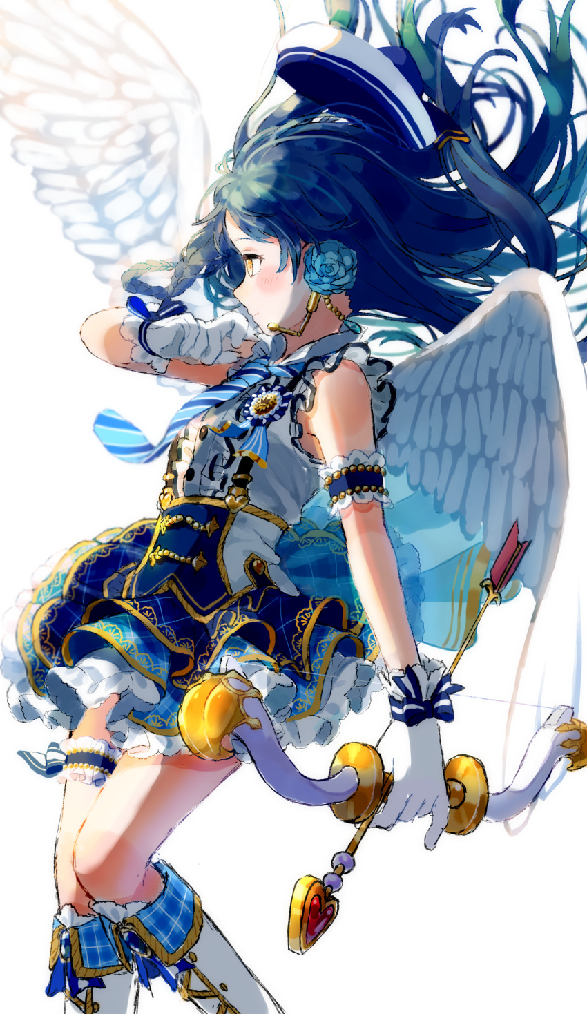 1girl absurdres arm_up arrow_(projectile) bangs blue_hair bow_(weapon) braid commentary_request feathered_wings floating_hair from_side gloves hat highres holding holding_bow_(weapon) holding_weapon long_hair love_live! love_live!_school_idol_festival_all_stars love_live!_school_idol_project myon_rio simple_background sleeveless smile solo sonoda_umi weapon white_background white_gloves wings yellow_eyes