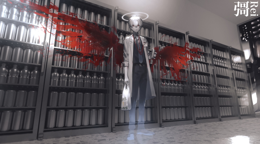 1boy 3d angel bag belt blood blood_splatter bloody_wings blue_neckwear bottle can closed_mouth coat convenience_store doctor ghost hair_between_eyes halo highres holding holding_bag holding_can id_card indoors isida_segu labcoat lanyard looking_at_viewer male_focus necktie original plastic_bag red_eyes shop sleeves_rolled_up solo standing transparent white_coat white_hair wings