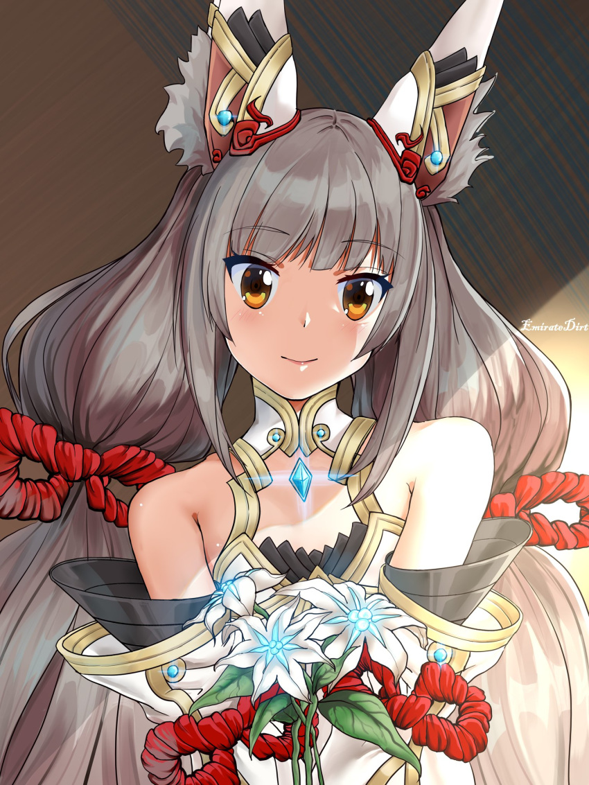 1girl animal_ears bangs bare_shoulders chest_jewel detached_sleeves emirate07878982 eyebrows_visible_through_hair flower highres holding holding_flower long_hair low_twintails niyah niyah_(blade) signature smile solo twintails upper_body xenoblade_(series) xenoblade_2 yellow_eyes