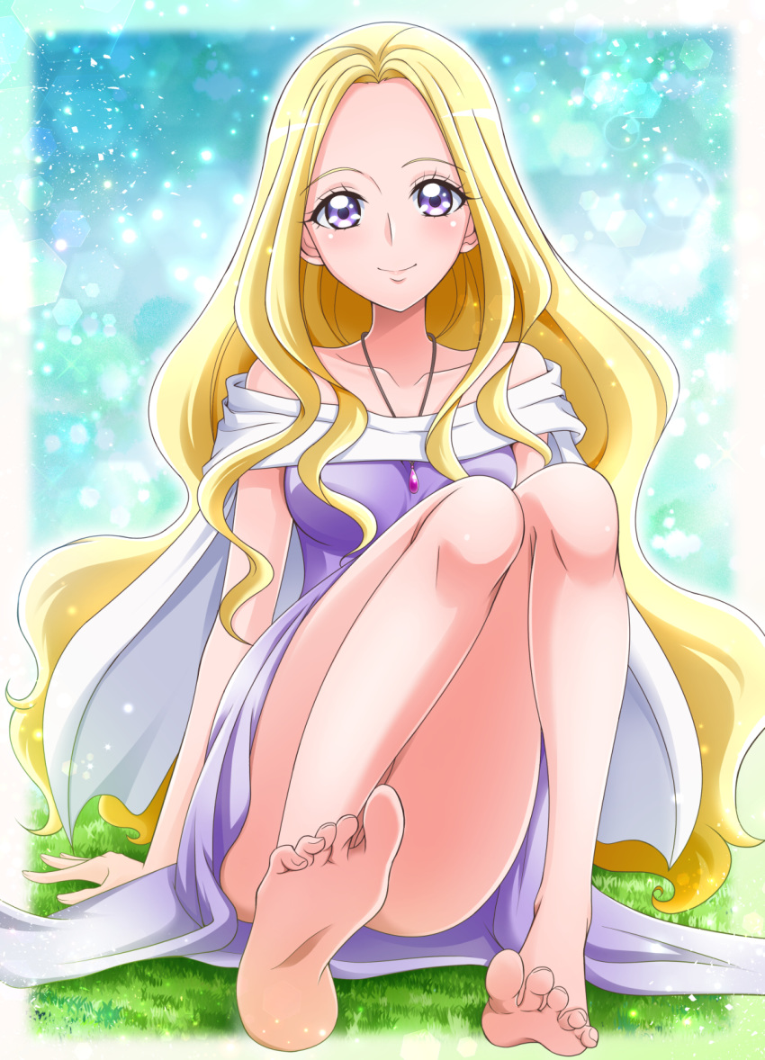 1girl barefoot blonde_hair closed_mouth collarbone dress fuurin_asumi hair_intakes hanzou healin'_good_precure highres jewelry long_hair looking_at_viewer necklace off-shoulder_dress off_shoulder precure purple_dress sitting smile soles solo very_long_hair violet_eyes