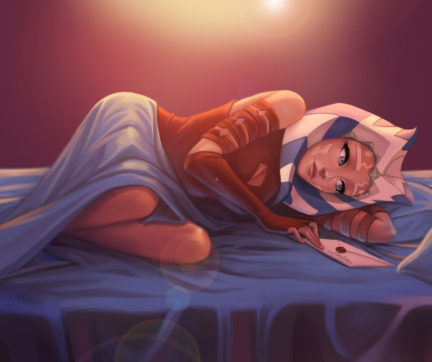 1girl ahsoka_tano alien alternate_costume arm_rest arm_up bare_shoulders bed bed_sheet blue_eyes blurry breasts cleavage_cutout commentary commission depth_of_field dress elbow_gloves fingerless_gloves gloves highres letter long_hair lying on_bed on_side orange_skin pillow red_gloves shellvi silver_hair solo star_wars star_wars:_the_clone_wars tentacle_hair togruta