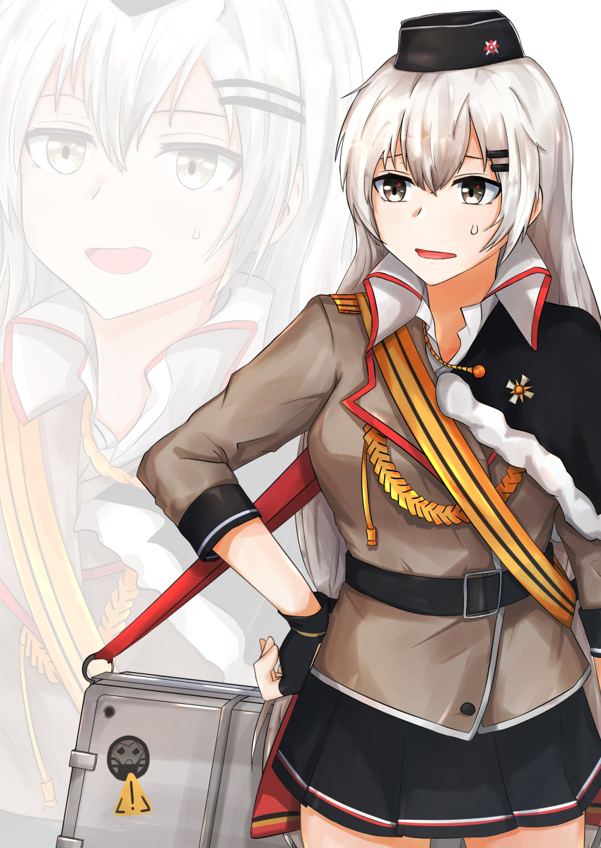 1girl absurdres belt black_belt black_gloves black_skirt breasts brown_jacket eyebrows_visible_through_hair fingerless_gloves girls_frontline gloves grey_eyes grey_hair hand_on_hip hat highres huge_filesize jacket long_hair looking_away military military_hat military_uniform muteppona_hito open_mouth silver_hair skirt solo svd_(girls_frontline) sweatdrop tape uniform weapon_case white_background